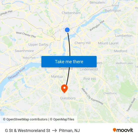 G St & Westmoreland St to Pitman, NJ map