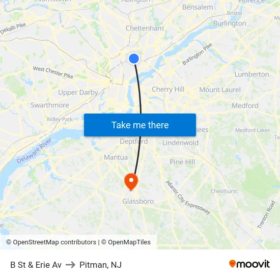 B St & Erie Av to Pitman, NJ map