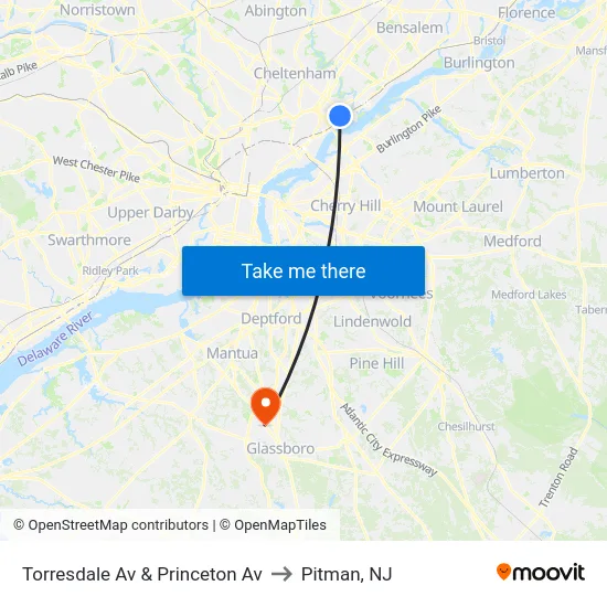 Torresdale Av & Princeton Av to Pitman, NJ map