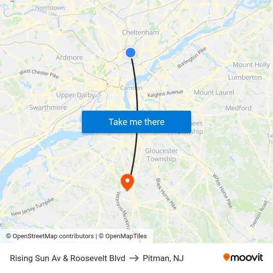 Rising Sun Av & Roosevelt Blvd to Pitman, NJ map