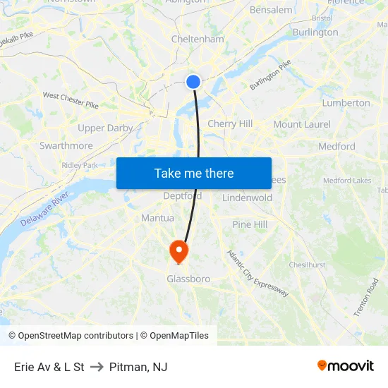 Erie Av & L St to Pitman, NJ map