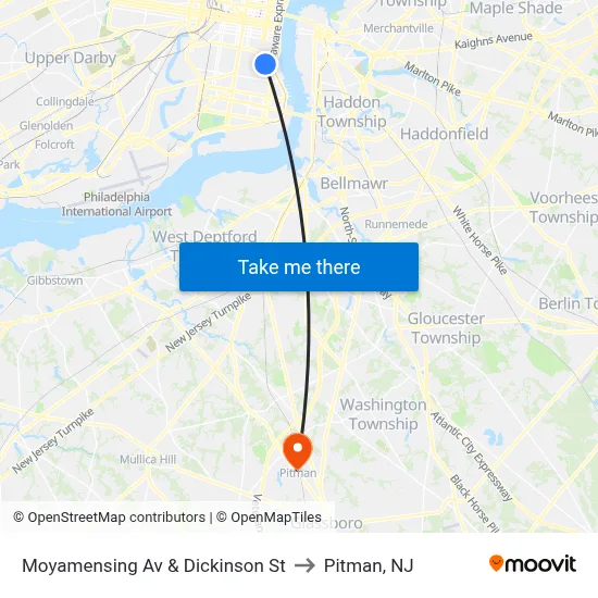 Moyamensing Av & Dickinson St to Pitman, NJ map