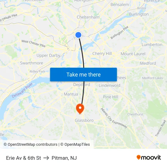 Erie Av & 6th St to Pitman, NJ map