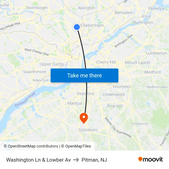 Washington Ln & Lowber Av to Pitman, NJ map