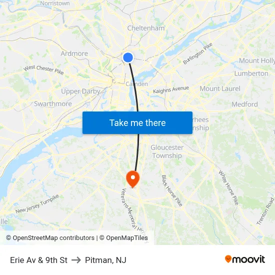 Erie Av & 9th St to Pitman, NJ map