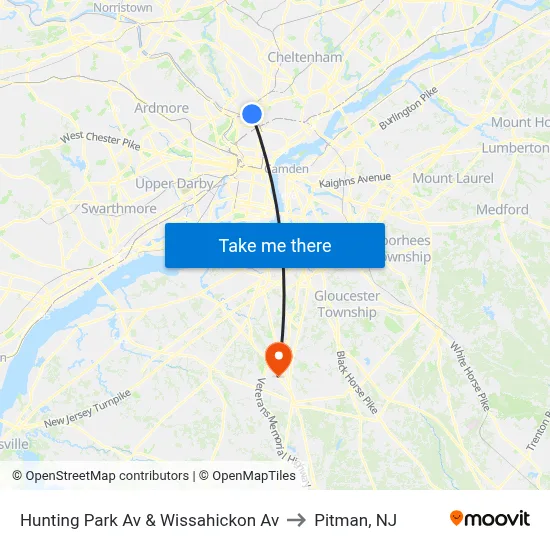 Hunting Park Av & Wissahickon Av to Pitman, NJ map