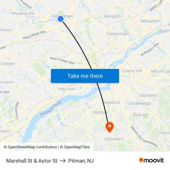 Marshall St & Astor St to Pitman, NJ map