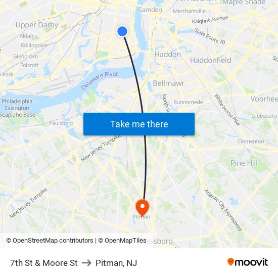 7th St & Moore St to Pitman, NJ map