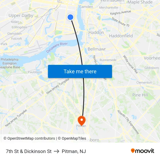7th St & Dickinson St to Pitman, NJ map