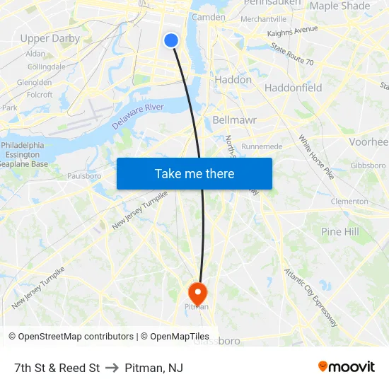 7th St & Reed St to Pitman, NJ map