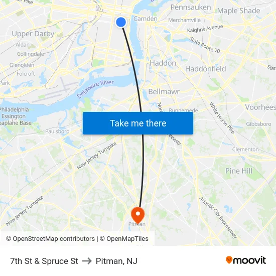 7th St & Spruce St to Pitman, NJ map