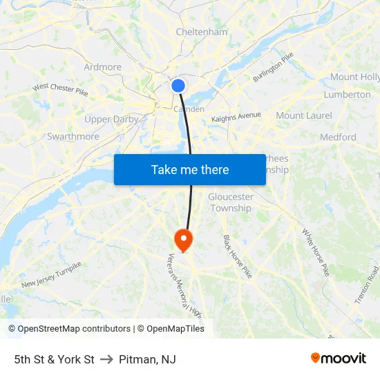 5th St & York St to Pitman, NJ map