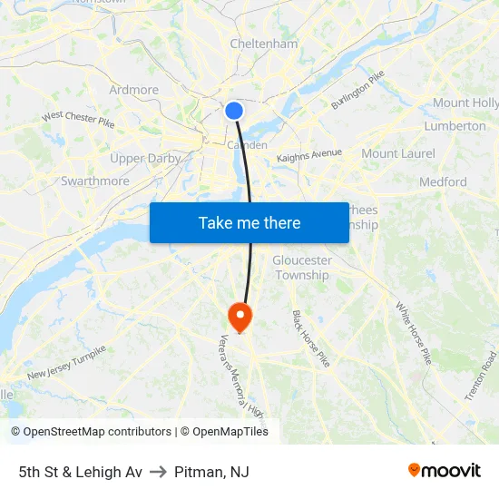 5th St & Lehigh Av to Pitman, NJ map