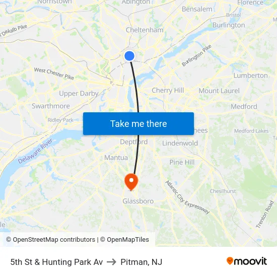 5th St & Hunting Park Av to Pitman, NJ map