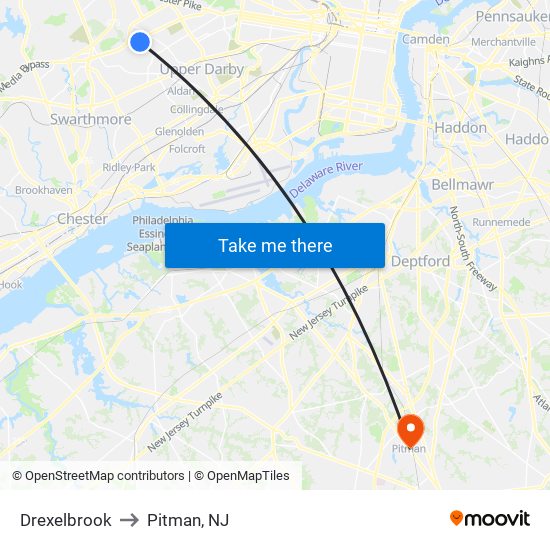 Drexelbrook to Pitman, NJ map