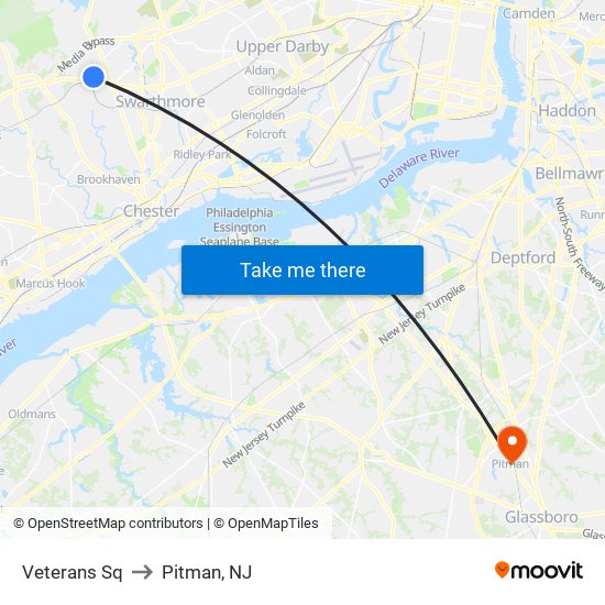 Veterans Sq to Pitman, NJ map