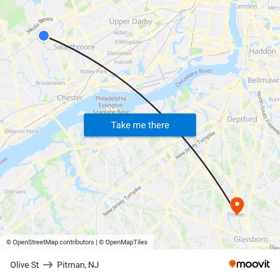 Olive St to Pitman, NJ map