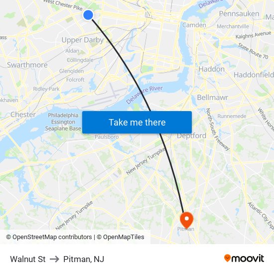 Walnut St to Pitman, NJ map