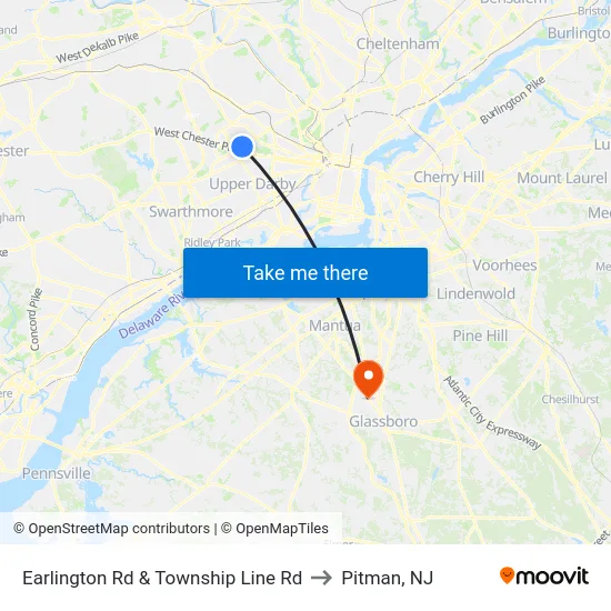 Earlington Rd & Township Line Rd to Pitman, NJ map