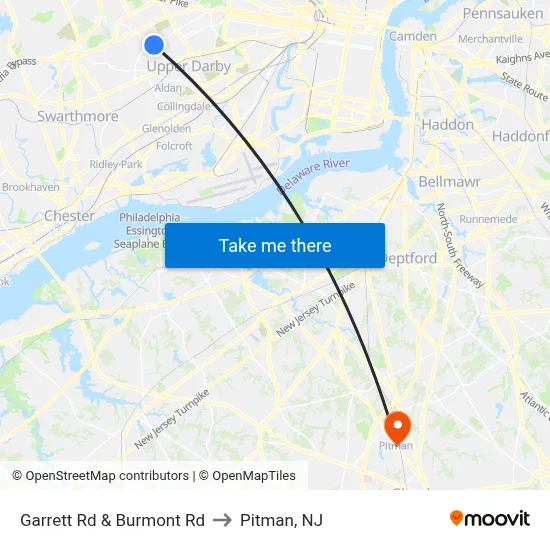 Garrett Rd & Burmont Rd to Pitman, NJ map