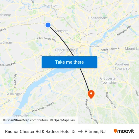 Radnor Chester Rd & Radnor Hotel Dr to Pitman, NJ map