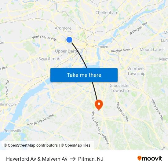 Haverford Av & Malvern Av to Pitman, NJ map