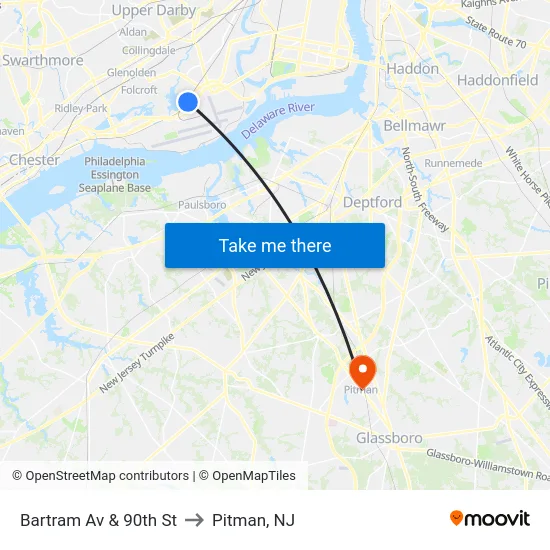 Bartram Av & 90th St to Pitman, NJ map