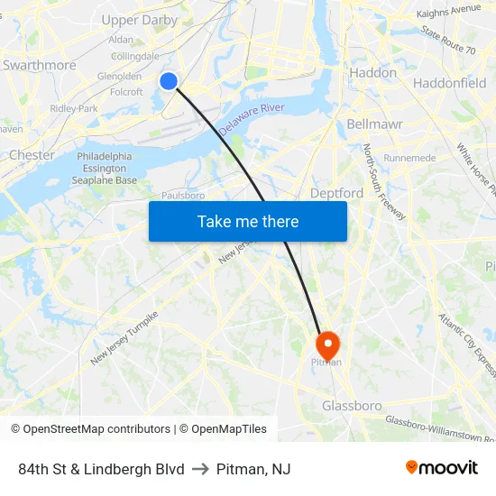 84th St & Lindbergh Blvd to Pitman, NJ map