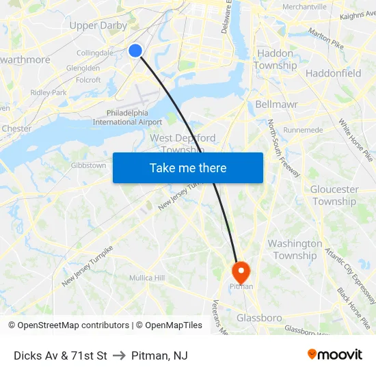 Dicks Av & 71st St to Pitman, NJ map