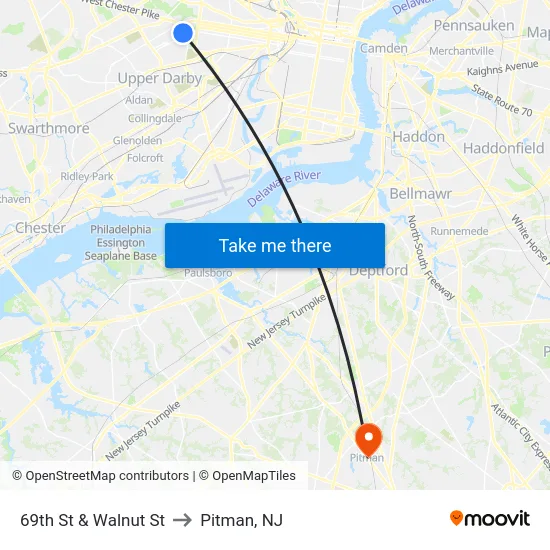 69th St & Walnut St to Pitman, NJ map