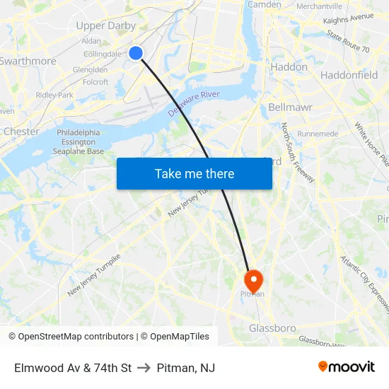 Elmwood Av & 74th St to Pitman, NJ map