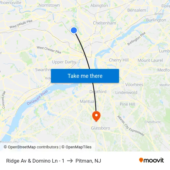 Ridge Av & Domino Ln - 1 to Pitman, NJ map