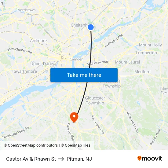 Castor Av & Rhawn St to Pitman, NJ map