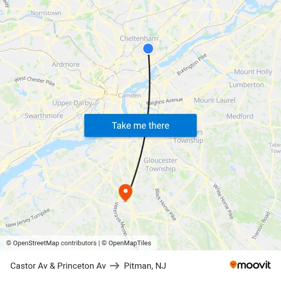 Castor Av & Princeton Av to Pitman, NJ map