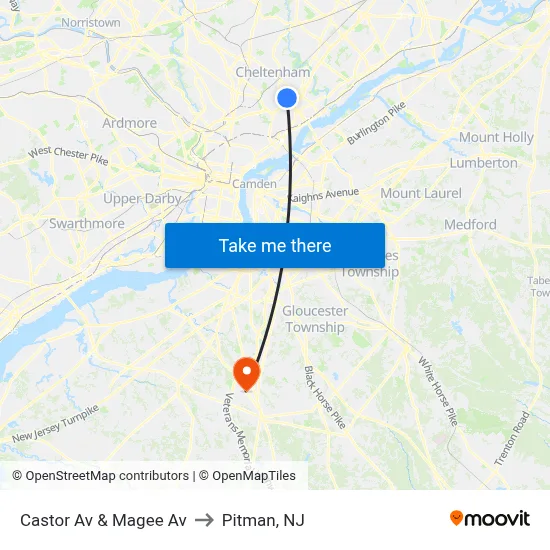 Castor Av & Magee Av to Pitman, NJ map