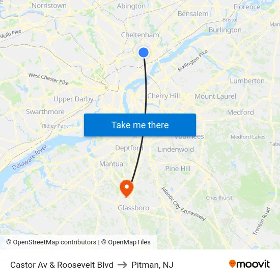 Castor Av & Roosevelt Blvd to Pitman, NJ map