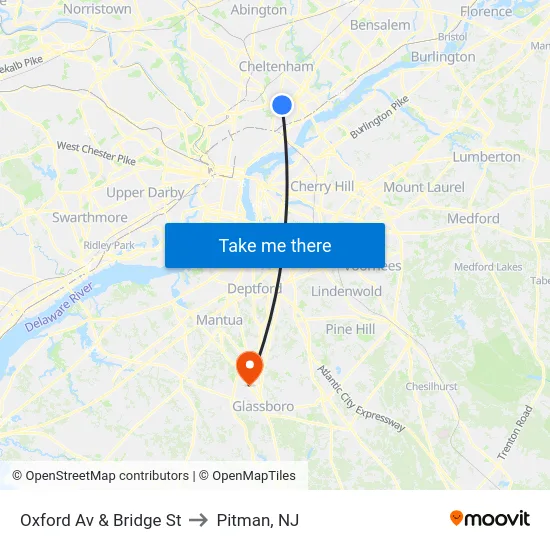 Oxford Av & Bridge St to Pitman, NJ map