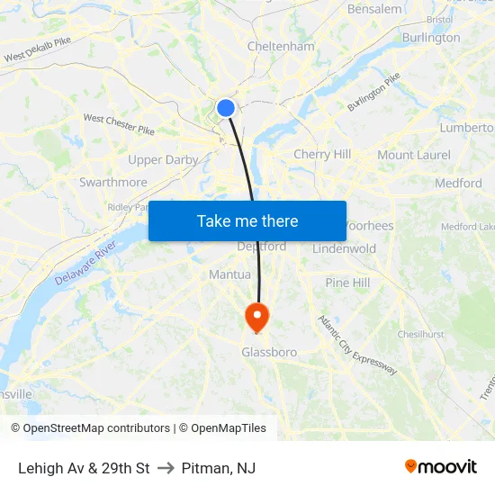 Lehigh Av & 29th St to Pitman, NJ map
