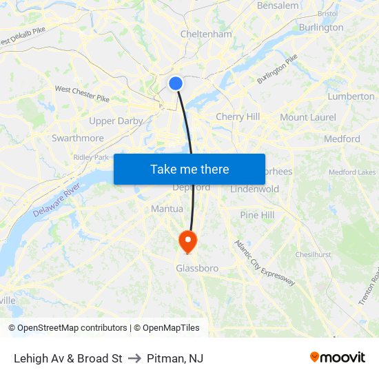 Lehigh Av & Broad St to Pitman, NJ map