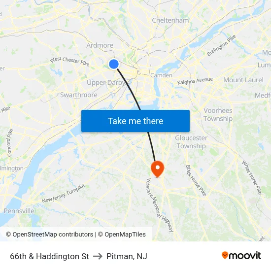 66th & Haddington St to Pitman, NJ map