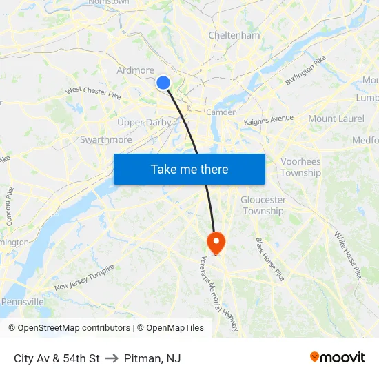 City Av & 54th St to Pitman, NJ map