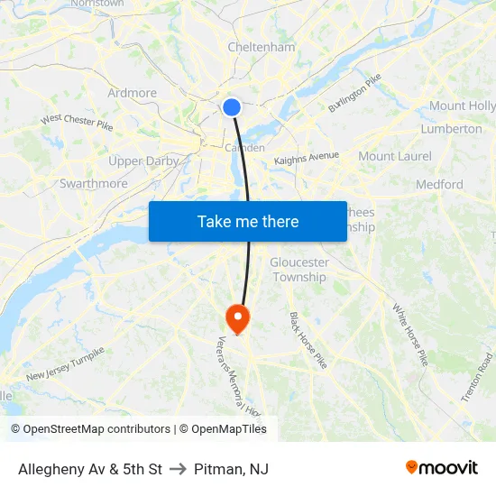 Allegheny Av & 5th St to Pitman, NJ map