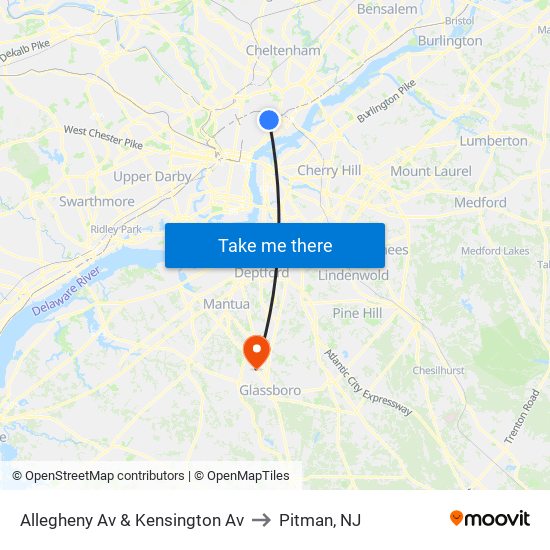 Allegheny Av & Kensington Av to Pitman, NJ map