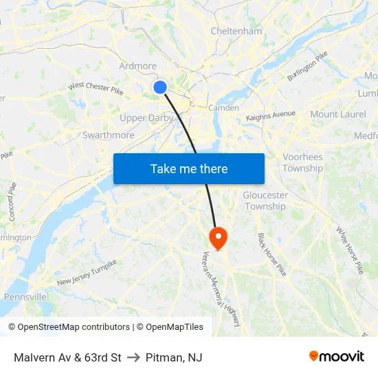 Malvern Av & 63rd St to Pitman, NJ map