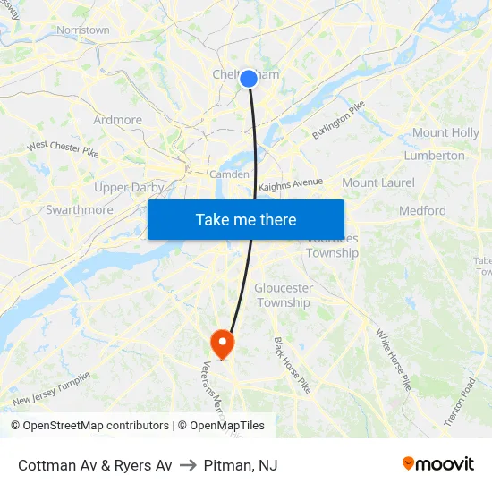 Cottman Av & Ryers Av to Pitman, NJ map