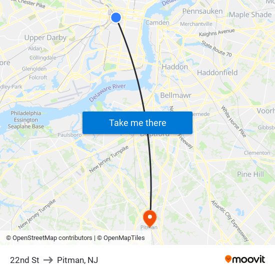 22nd St to Pitman, NJ map