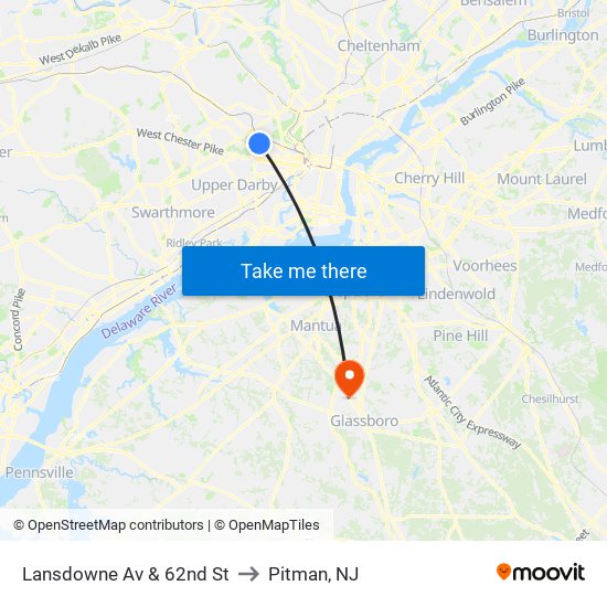 Lansdowne Av & 62nd St to Pitman, NJ map