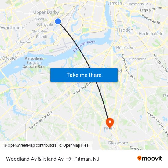 Woodland Av & Island Av to Pitman, NJ map