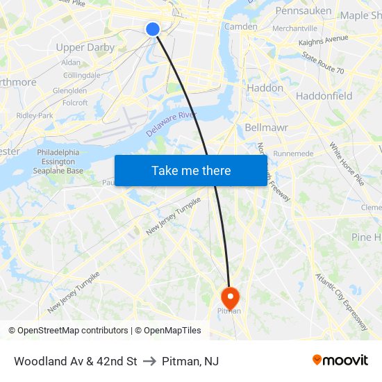 Woodland Av & 42nd St to Pitman, NJ map