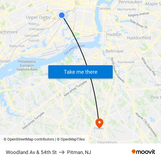 Woodland Av & 54th St to Pitman, NJ map